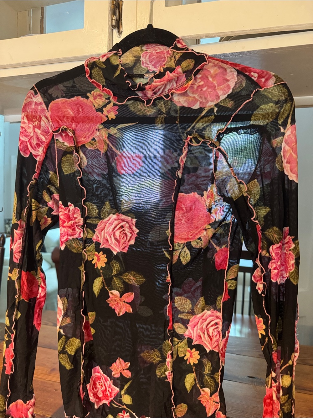 Free People Black Mesh Floral Top with Pink Roses - Picture 3 of 3